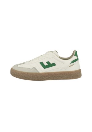 White leather sneaker with green accents, featuring a rounded toe, lace-up closure, and a textured gum outsole. Displays logo on side.