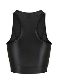 Czarny bezrękawnik sportowy crop top z designem w stylu racerback, gładkiego, elastycznego materiału i dopasowanym ściągaczem u dołu.