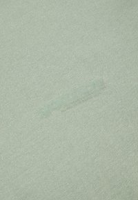 Tessuto di cotone verde chiaro con una texture liscia e un logo sottile impressa dello stesso colore, posizionato diagonalmente sul materiale.