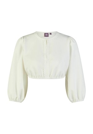 Weißes, strukturiertes, kurzes Oberteil mit langen, gepufften Ärmeln, Rundhalsausschnitt und dezenten Knopfdetails vorne.