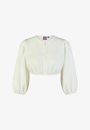 Weißes, strukturiertes, kurzes Oberteil mit langen, gepufften Ärmeln, Rundhalsausschnitt und dezenten Knopfdetails vorne.