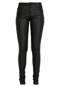 Svarta skinnbyxor i konstläder med slät textur, åtsittande design, två framfickor och dragkedja med knappstängning.