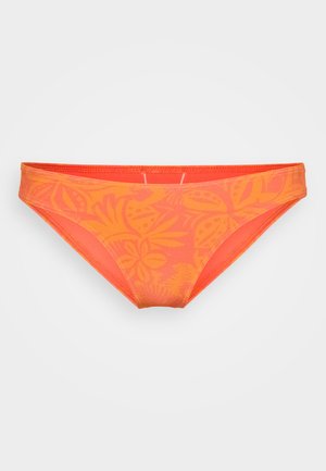 Pomarańczowe bikini dolne z kwiatowym wzorem, w średnim stylu, z elastycznym pasem i gładką fakturą. Szczegóły ściegów wzdłuż szwów.