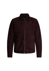 Giacca in suede bordeaux con chiusura a zip, colletto a punta e due tasche frontali. Presenta una finitura testurizzata e una vestibilità rilassata.