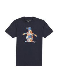 Navy blue t-shirt featuring a colorful penguin silhouette made of patterned letters in orange, blue, and cream tones. Short sleeves and crew neck.