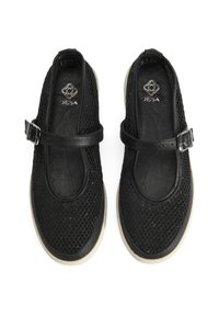 Schwarze Mesh-Mary-Jane-Schuhe im Stil mit Lederakzenten, ausgestattet mit einem Riemen mit Schnalle und einer strukturierten Sohle. Flaches Design mit ovaler Zehenform.