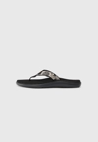 Zwarte flip-flopsandalen met een gestructureerde stoffen band met een beige patroon en een gevoerde zwarte rubberen zool.