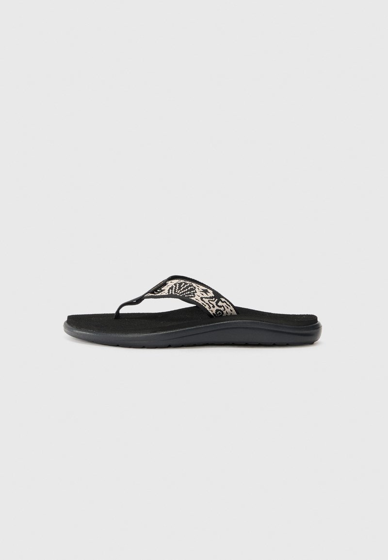 Zwarte flip-flopsandalen met een gestructureerde stoffen band met een beige patroon en een gevoerde zwarte rubberen zool.