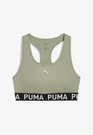 Sport-BH in hellolivgrün mit einem schwarzen elastischen Band, das weißen Logo-Text trägt. Racerback-Design, glatte Textur und minimales Branding.
