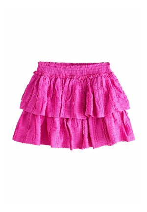 Fustă roz aprins din bumbac texturat, cu talie elastică și straturi suprapuse de volane.