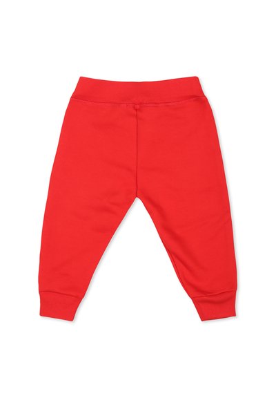 Rode katoenen sweatpants met een elastische tailleband, cuffs bij de enkels en een gladde textuur. Geen zakken of extra details.