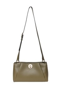 Borsa a tracolla in pelle verde oliva con un design strutturato, dotata di un accento in metallo dorato a forma di cerchio e di una tracolla.