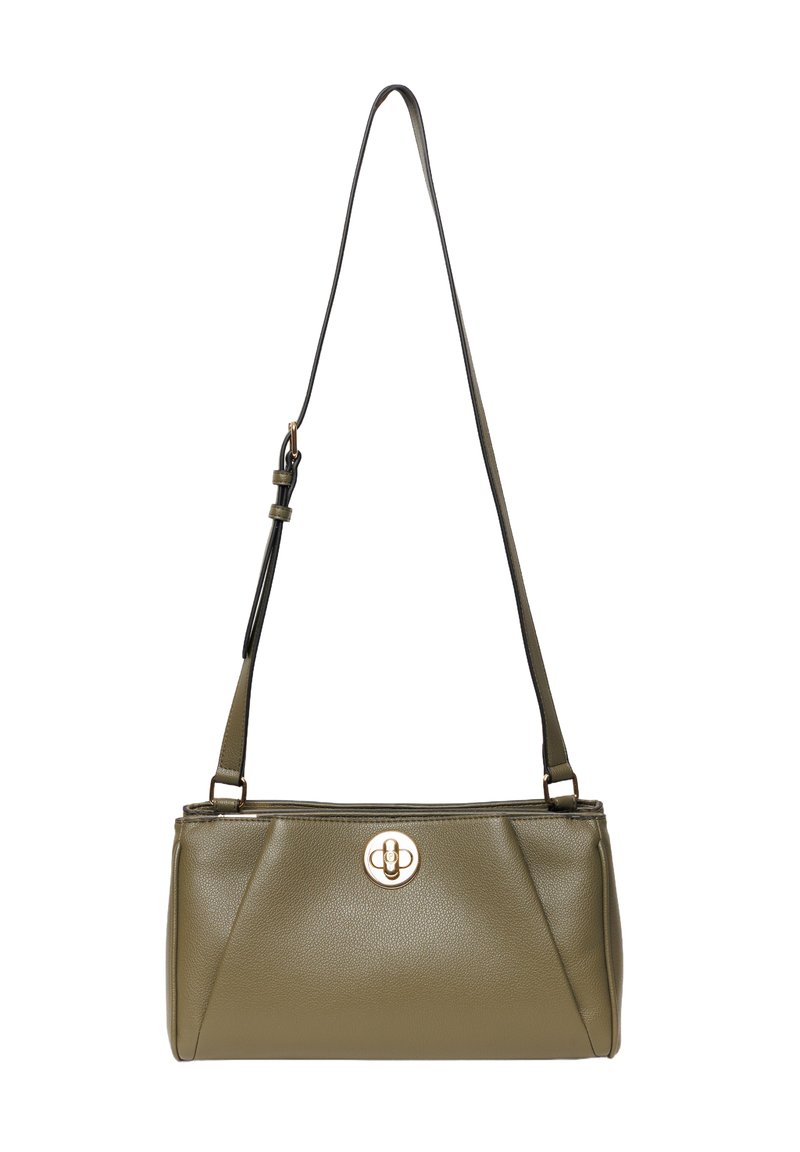 Borsa a tracolla in pelle verde oliva con un design strutturato, dotata di un accento in metallo dorato a forma di cerchio e di una tracolla.