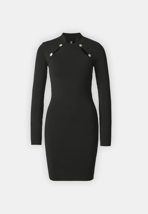 Zwarte lange mouwen jurk met een getailleerde silhoutte, featuring een ronde hals, uitsnijdingen en zilveren knoopdetails op de schouders.