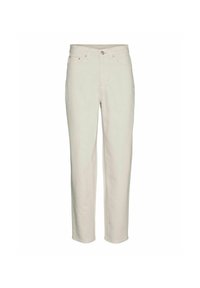 Lyse beige denimbukser med rett ben-design, fem-lomme stil og en enkelt sølvknaplukking i livet.