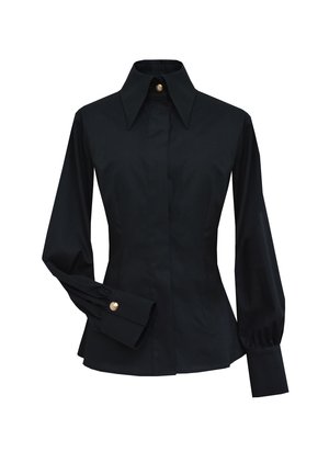 Czarna koszula zapinana na guziki z dużym, szpiczastym kołnierzem, długimi, bufiastymi rękawami i złotymi guzikami przy mankietach. Gładki, strukturalny materiał.