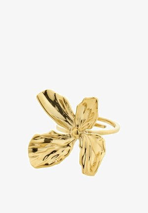 Gouden bloemenring met gedetailleerd bloembladontwerp en gestructureerd oppervlak, met een ronde band die splitst voor een verstelbare pasvorm.