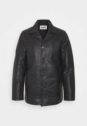 Black leather jacket with a collared neck, front button closure, side pockets, and smooth texture. Tailored fit with clean lines.