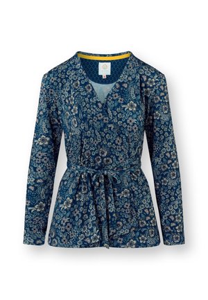 Bloemmotief wikkelblouse in donkerblauw met lange mouwen. Kenmerkt een striktaille en een v-hals, gemaakt van gladde stof met een zachte textuur.