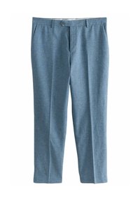 Light blue trousers made from textured fabric, featuring a flat front, belt loops, and a single button closure at the waistband.