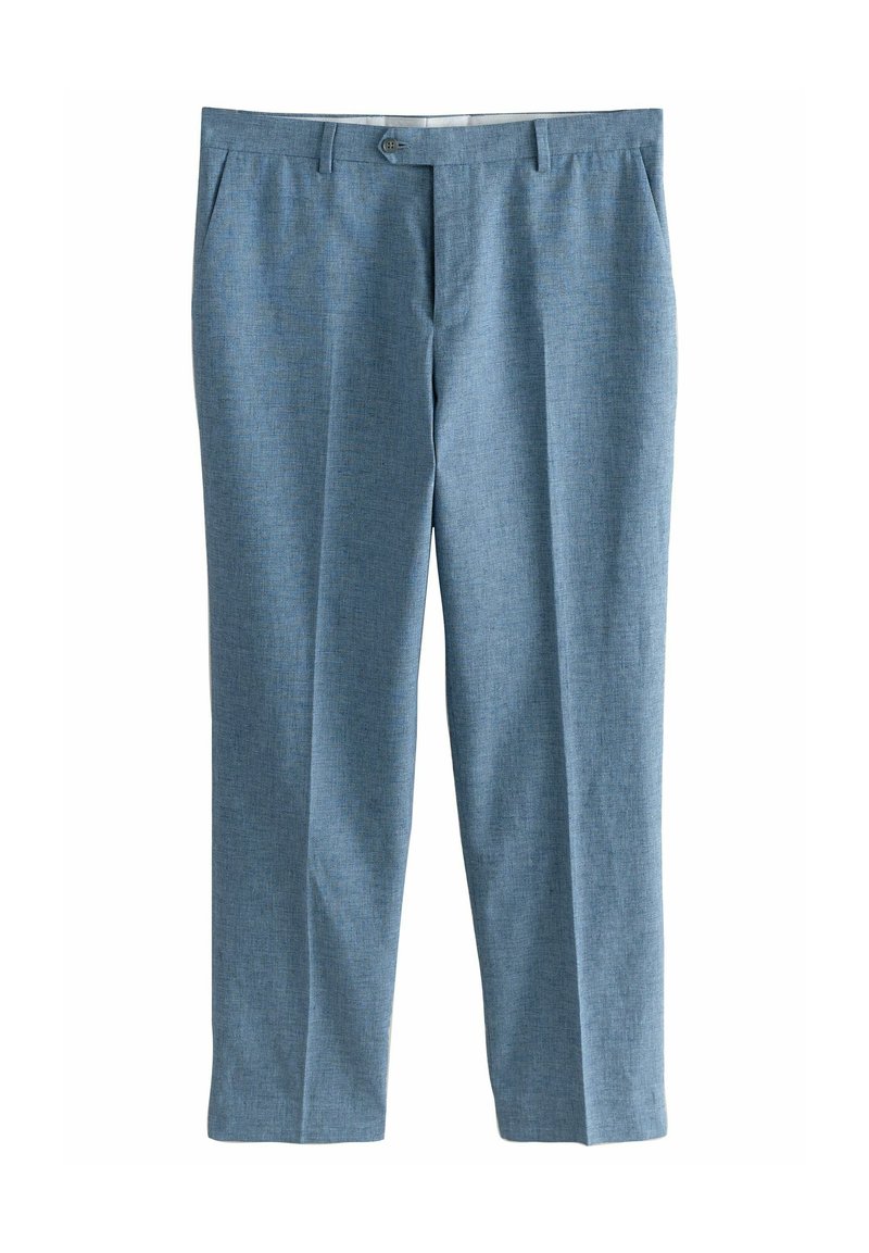 Pantalons bleu clair en tissu texturé, avec une taille plate, des passants de ceinture et une fermeture à un bouton au niveau de la taille.