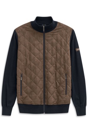 Tessuto imbottito marrone sul davanti, maniche e colletto a maglia blu scuro. Presenta una zipper frontale e due tasche laterali con cerniera.