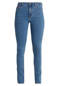 Blå höga skinny jeans gjorda av denim, med en framknappsstängning, bältesöglor och minimalistiska sömmar. Slät textur.
