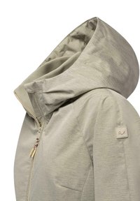 Lys grå hettejakke med teksturert stoff, featuring glidelås-lukking, subtilt herringbone-mønster og en liten logo-lapp på ermene.