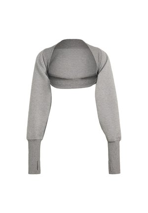 Pull boléro gris court avec manches longues et trous pour les pouces aux poignets, présenté sur fond blanc.