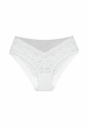 Białe koronkowe majtki z kwiatowym wzorem z przodu i teksturowanym siateczkowym bokiem. Posiadają gładki pas i pełne pokrycie.