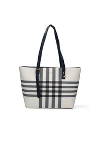 Borsa tote in materiale sintetico bianco con motivo a righe blu navy, manici blu scuro e dettagli in hardware dorato. Forma semplice e strutturata.