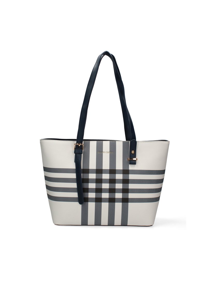 Borsa tote in materiale sintetico bianco con motivo a righe blu navy, manici blu scuro e dettagli in hardware dorato. Forma semplice e strutturata.
