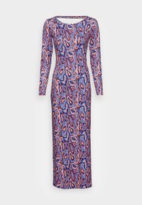 Długosleeve maxi sukienka z elastycznego materiału w wielokolorowy, abstrakcyjny wzór z odcieniami niebieskiego, różowego i czerwonego. Okrągły dekolt.