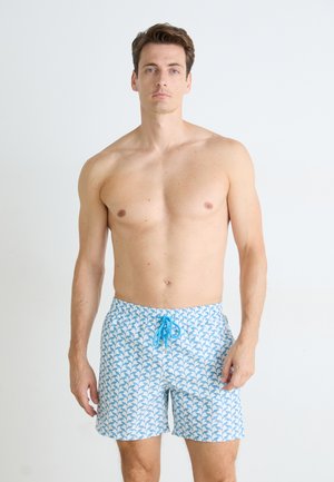 Schwimmshorts mit weißem Grund und blauem Blättermuster, ausgestattet mit einem elastischen Bund und einem hellblauen Kordelzug.