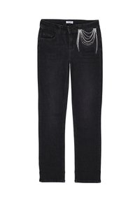 Vaqueros de denim negro con corte slim, que presentan un acento decorativo de cadena plateada en el bolsillo delantero. Diseño clásico de cinco bolsillos.