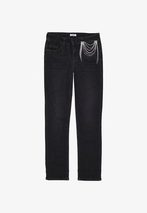 Jeans in denim nero con vestibilità slim, caratterizzati da un accento decorativo in catena argentata sulla tasca anteriore. Design classico a cinque tasche.