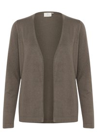 Brauner Strickcardigan mit V-Ausschnitt und offenem Vorderteil. Lange Ärmel und eine glatte Textur. Keine Verschlüsse; schlichtes Design ohne Muster.