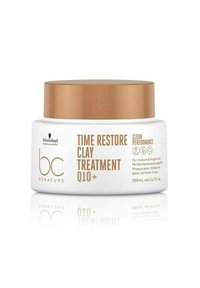 Barattolo bianco rotondo con un coperchio dorato. L'etichetta riporta "Trattamento all'argilla Time Restore Q10+" e include i dettagli del prodotto. Capacità: 200 mL.