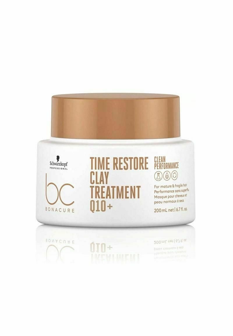 Barattolo bianco rotondo con un coperchio dorato. L'etichetta riporta "Trattamento all'argilla Time Restore Q10+" e include i dettagli del prodotto. Capacità: 200 mL.