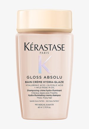 Kerastase Gloss Absolu kosteuttava ja heleyttävä kerma-shampoo paksuille, pörröisille hiuksille, sisältäen hyaluronihappoa, glykolihappoa, villiruusun öljyä, ilman sulfaatteja, 80 ml.