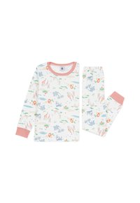 Σετ πιτζάμες δύο τεμαχίων από απαλό, ελαφρύ βαμβάκι. Διαθέτει λευκή βάση με πολύχρωμα ζωάκια και τοπία, και μανσέτες με κόκκινες ρίγες.