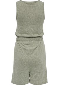 Combinaison sans manches gris-vert avec une taille élastique, offrant une coupe décontractée et un tissu doux et texturé. La vue arrière ne présente aucun détail supplémentaire.