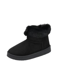Czarne botki za kostkę wykonane z zamszu z miękkim kołnierzem z sztucznego futra. Posiadają płaską gumową podeszwę i prosty detal przeszycia po bokach.