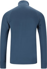 Maglietta sportiva a maniche lunghe, blu navy, con colletto alto e cuciture piatte, caratterizzata da una texture liscia ed elastica e un design aderente.