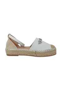 Espadrilla bianca con suola in juta intrecciata, design piatto e decorazione floreale. Presenta tallone aperto e pannelli laterali intrecciati.