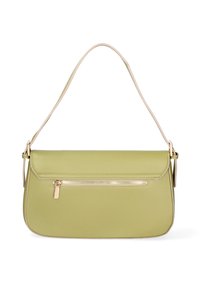 Borsa a tracolla in pelle verde con una tasca con zip dorata, caratterizzata da un design strutturato e una tracolla chiara in contrasto. Finitura testurizzata sulla superficie.