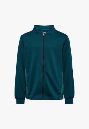 Dunkelpetrolfarbene Jacke mit Reißverschluss, geripptem Kragen und Bündchen, zwei Seitentaschen und kontrastierenden Seiteneinsätzen für einen sportlichen Look.