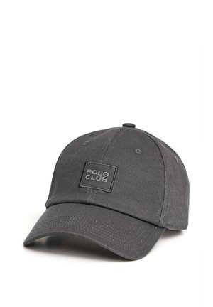 Cappellino da baseball grigio scuro con logo "POLO CLUB" ricamato davanti, con visiera curva e fori di ventilazione sui pannelli superiori.
