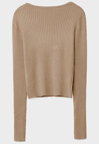 Beige pletený svetr s dlouhými rukávy a mírně zkrácenou délkou, se zaobleným výstřihem.