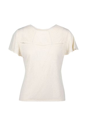 Cream-colored short-sleeve t-shirt with a round neckline, featuring a textured panel on the back and subtle stitching details throughout.